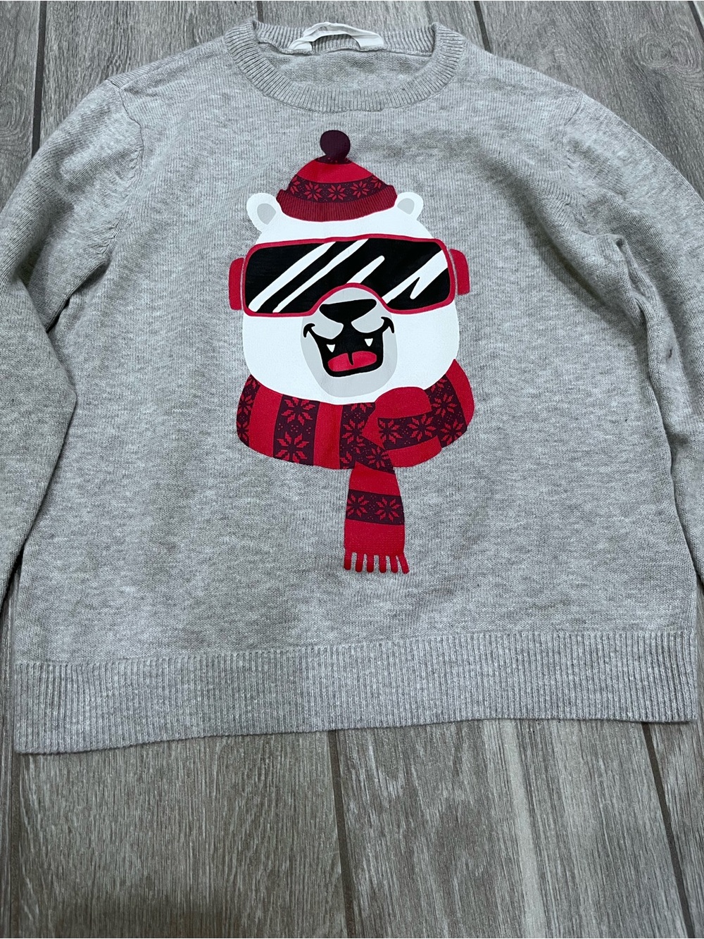 Grey Boys Sweater with Red Polar Bear Graphic